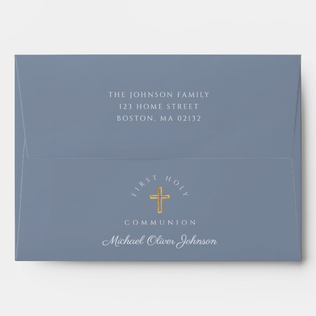 Enveloppe Croix religieuse Dusty Blue Boy First Communion (Dos (Haut rabat))