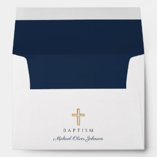 Enveloppe Croix Religieuse Élégante Bleu Marine Garçon Baptê