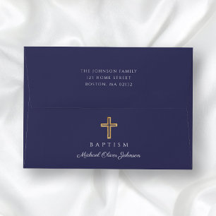 Enveloppe Croix Religieuse Élégante Bleu Marine Garçon Baptê