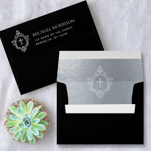 Enveloppe Croix religieuse noire à Crest Faux Argent Élégant