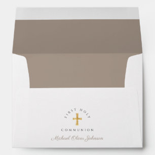 Enveloppe Croix religieuse Taupe garçon Première communion