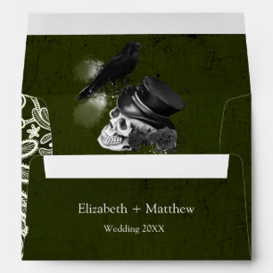 Enveloppe Crow noir vert Crâne Roses dentelle Mariage gothiq