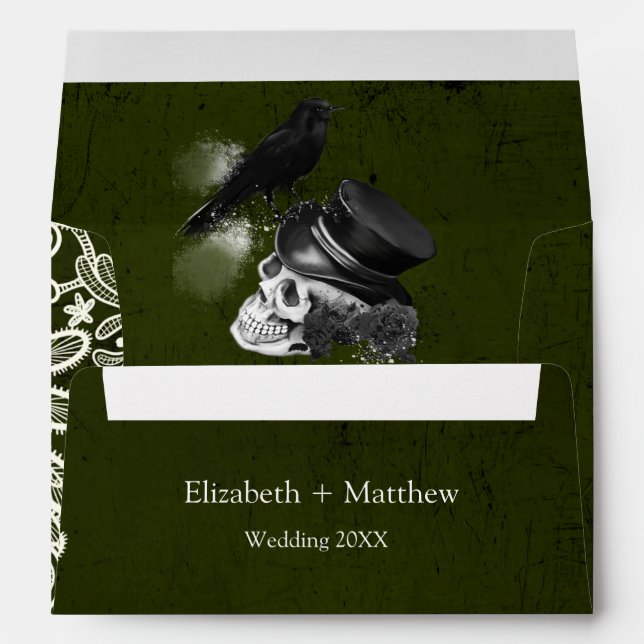 Enveloppe Crow noir vert Crâne Roses dentelle Mariage gothiq (Dos (Bas))