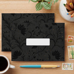Enveloppe Cuir noir et or moderne avec motif floral embossé