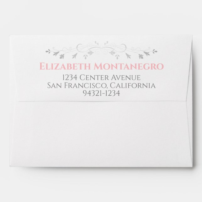 Enveloppe Curles et perles gris argent & mariage rose élégan (Dos (Haut rabat))