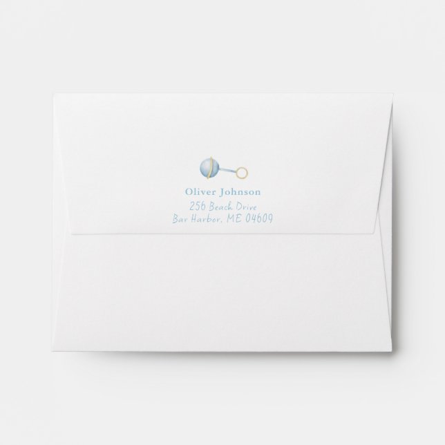 Enveloppe Cute bleu Rattle baby boy Adresse de retour (Dos (Haut rabat))