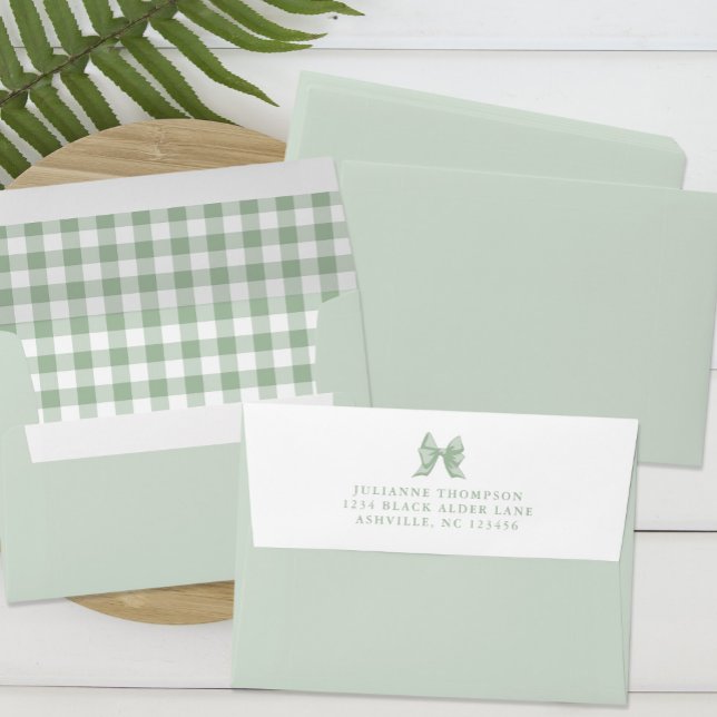 Enveloppe Cute Bow Pastel Green Gingham Check Adresse de ret (Cute Bow Pastel Green Gingham Check Return Address Envelope)
