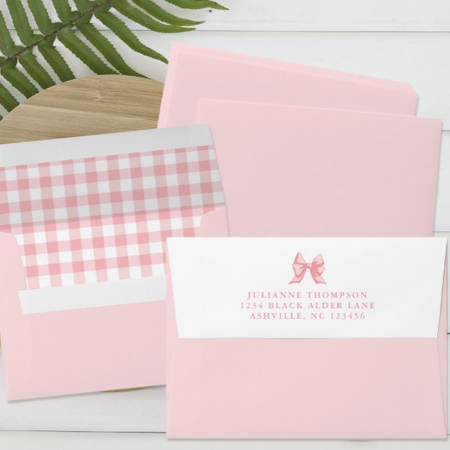 Enveloppe Cute Bow Pastel Rose En vichy Vérifier Adresse de  (Cute Bow Pastel Pink Gingham Check Return Address Envelope)