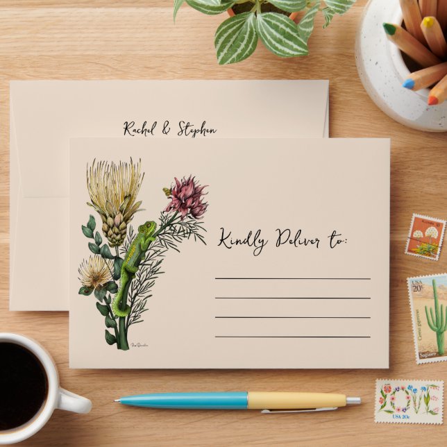 Enveloppe Cute Chameleon dans l'art botanique des fleurs de  (Desk)