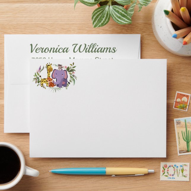 Enveloppe Cute Jungle Safari Animaux Aquarelle Baby shower (Desk)