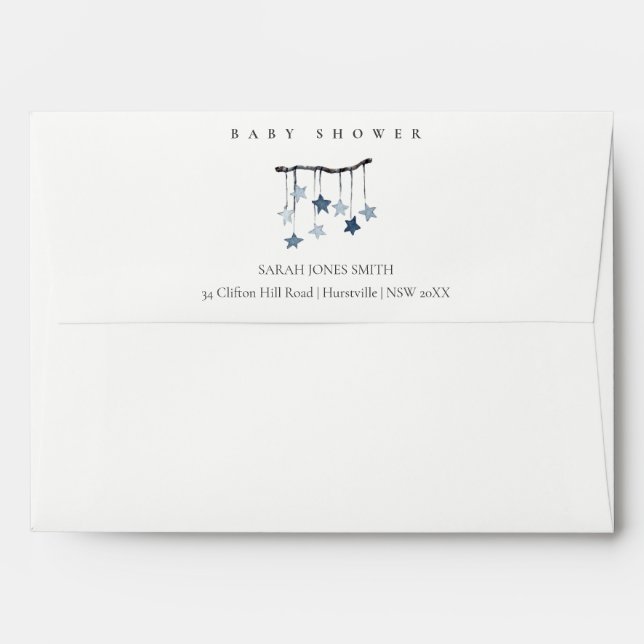 Enveloppe Cute Simple Aqua Blue Boy Star Baby shower mobile (Dos (Haut rabat))