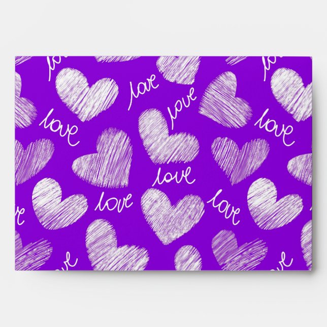 Enveloppe Cute violet blanc Scribblé Coeur avec script d'amo (Devant)