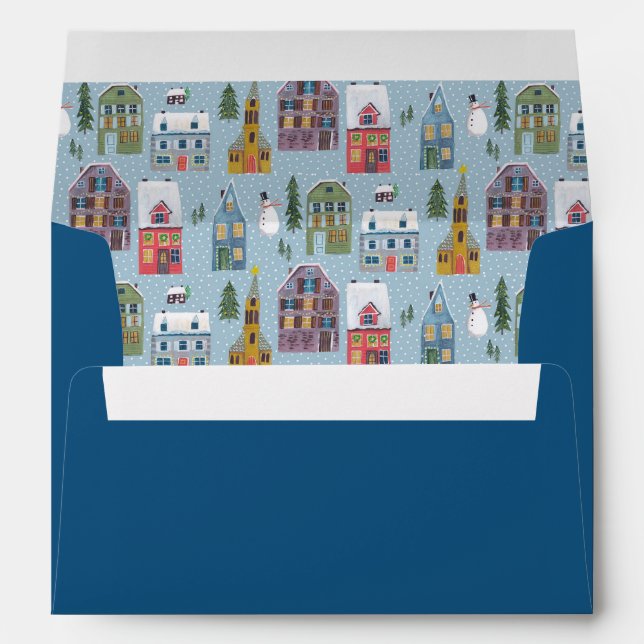 Enveloppe Cute Winter House Village Motif de Noël bleu (Dos (Bas))