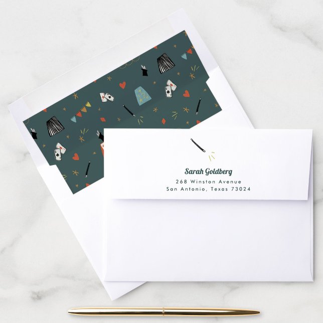 Enveloppe d'adresse de retour Magic Show turquoise (Teal green magic show return address envelope with matching pattern liner.)