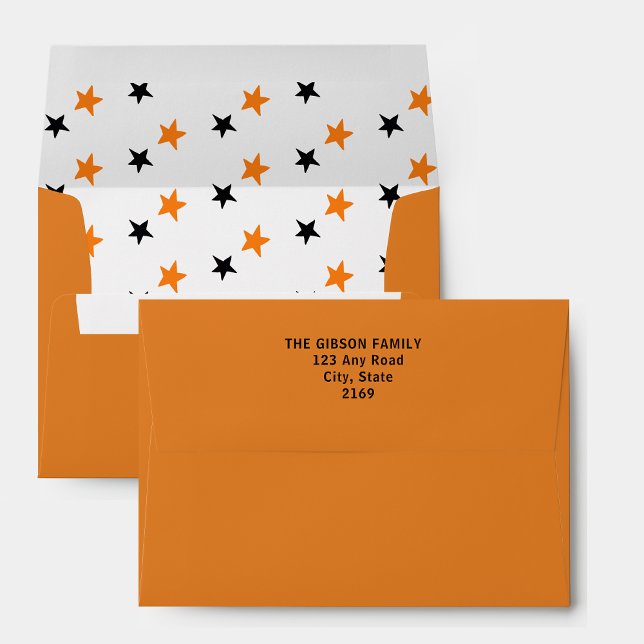 Enveloppe d'adresse de retour Orange et Black Hall (Halloween return address envelope with orange and black stars.)