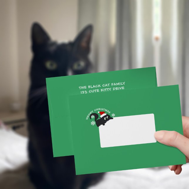 Enveloppe d'adresse de retour pour chat de Noël ve (Meowy Christmas! Just add your address details to this festive green envelope featuring Santa Cat 🎄)