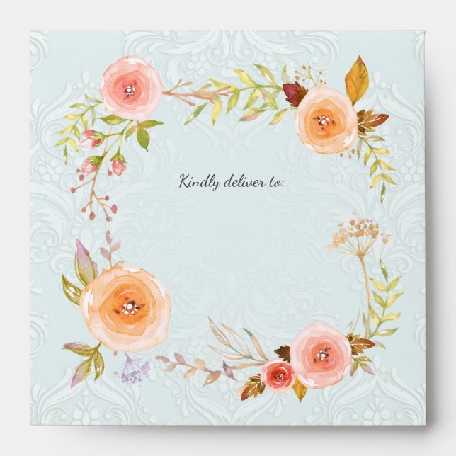 Enveloppe Damask Aquarelle Floral Mariage Elégant Bleu (Devant)