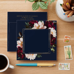 Enveloppe Dark Moody Burgundy Blush Navy Blue Floral Mariage