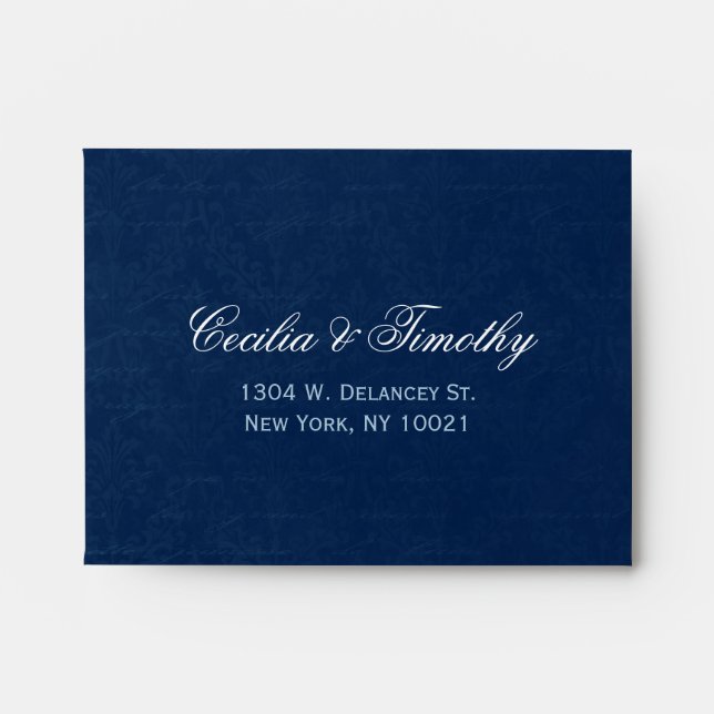 Enveloppe Dark Sapphire Blue Damask : Wedding RSVP Linen A2 (Devant)