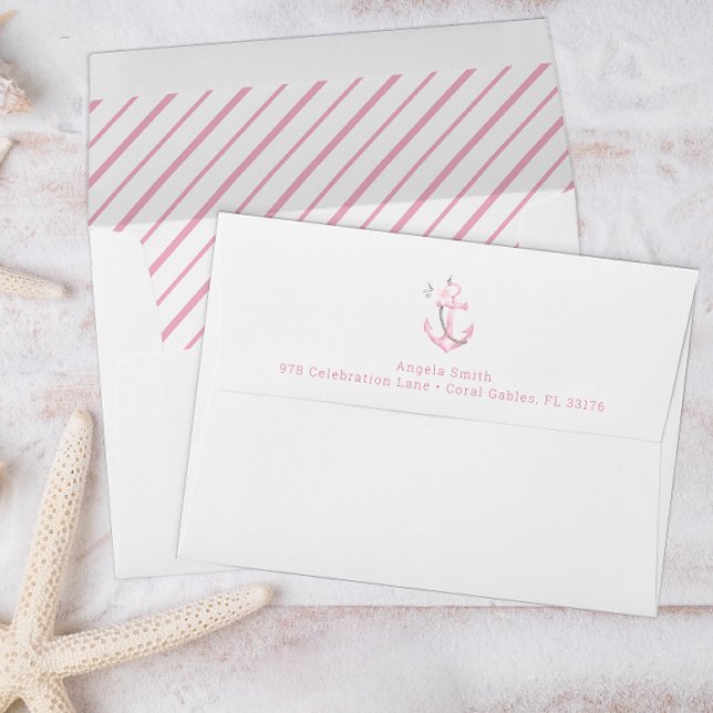 Enveloppe de Baby shower Ancre rose marine (Pink Floral Anchor Self Addressed Envelope)