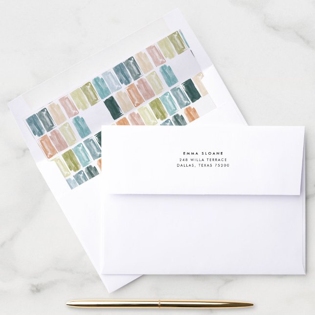 Enveloppe de bijoux peints (Watercolor painted jewels bright and colorful envelope liner inside a return address envelope.)