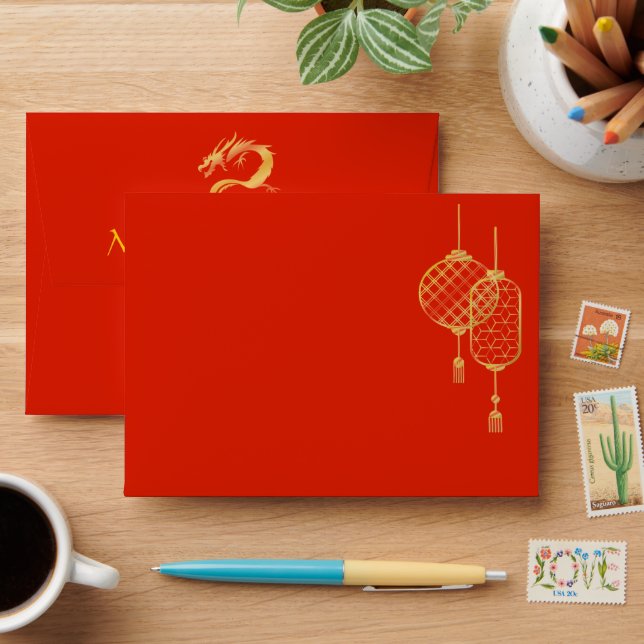 Enveloppe de carte Mariage Dragon Rouge et Or (Desk)