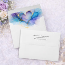 Enveloppe de mariage à coeur en aquarelle bleu vio