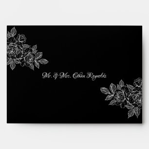 Enveloppe de mariage à croquis floral noir élégant