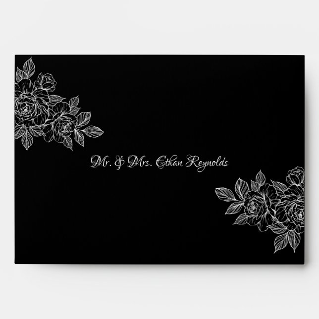 Enveloppe de mariage à croquis floral noir élégant (Devant)