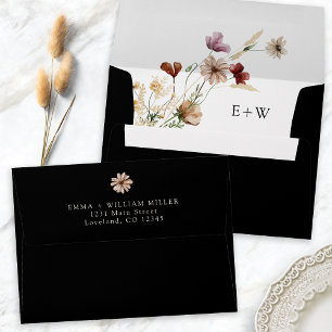 Enveloppe de mariage à fleurs sauvages Boho noire