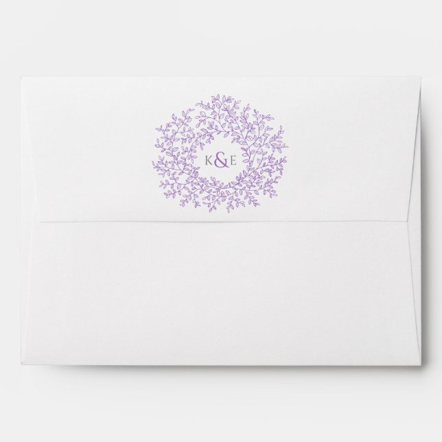 Enveloppe de mariage de monogramme de feuilles vio (Dos (Haut rabat))