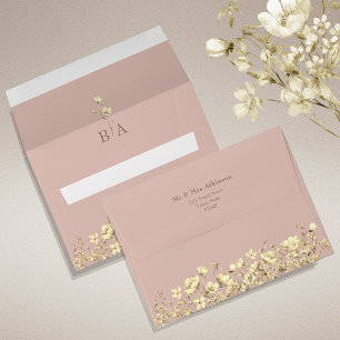 Enveloppe de mariage dorée à fleurs rose pâle