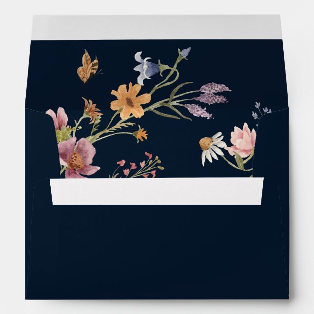 Enveloppe de Mariage Fleur sauvage bleu marine (Dos (Bas))