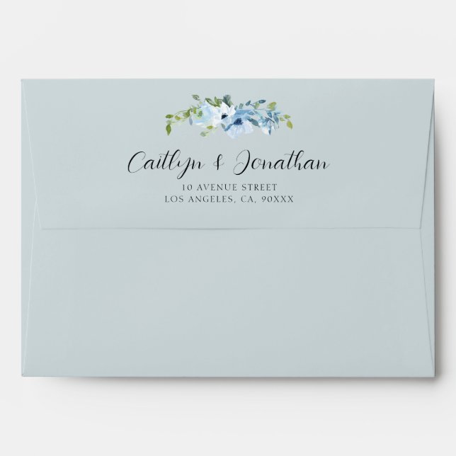 enveloppe de mariage floral bleu aquarelle (Dos (Haut rabat))