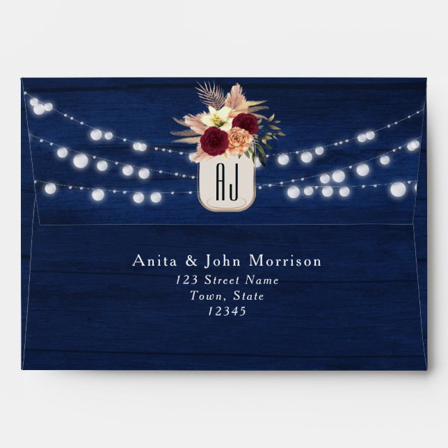 Enveloppe de Mariage Rustique bleu marine (Dos (Haut rabat))