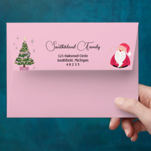 Enveloppe de Noël rose customisée avec Père Noël