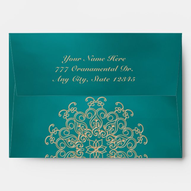 ENVELOPPE DE STYLE INDIEN TURQUOISE ET OR (Dos (Haut rabat))