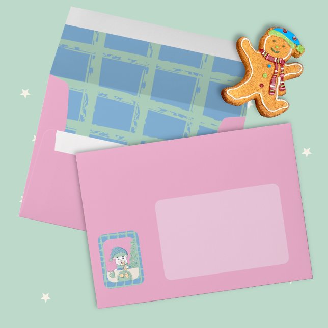 Enveloppe de vacances rose douce avec ours polaire (Sweet Pink Holiday Envelope with Polar Bear (view of both sides ) .)