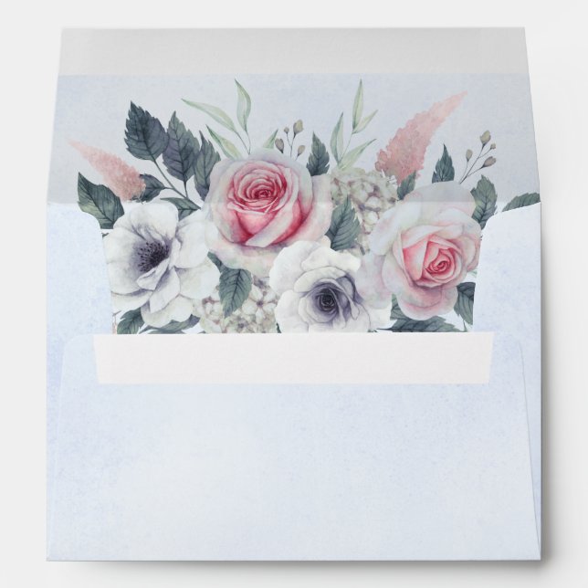 Enveloppe Délicat Rose rose Aquarelle Mariage bleu clair (Dos (Bas))