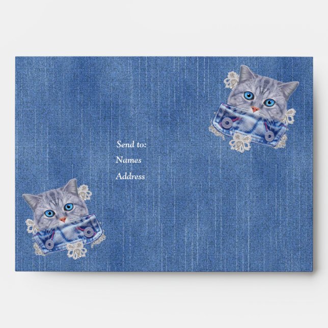 Enveloppe Denim Texté - Dentelles et chatons (Devant)