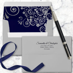Enveloppe Dentelle d'argent bleu marine à l'intérieur Elegan