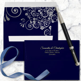Enveloppe Dentelle d'argent sur bleu marine Simple mariage é