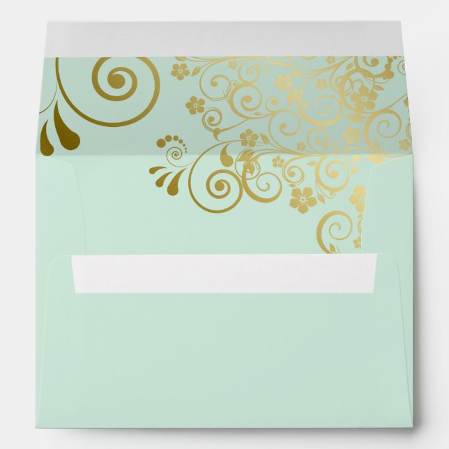 Enveloppe Dentelle d'or sur la menthe verte Mariage élégant (Dos (Bas))