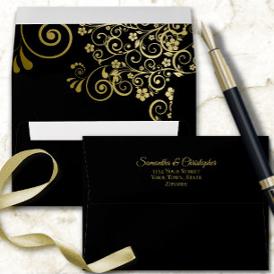 Enveloppe Dentelle d'or sur Noir classique mariage élégant