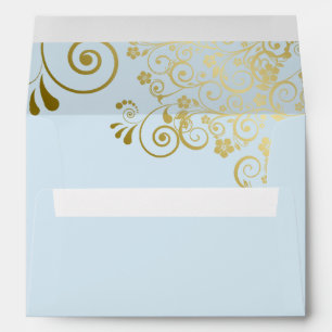 Enveloppe Dentelle d'or sur Poudre Bleu Mariage élégant