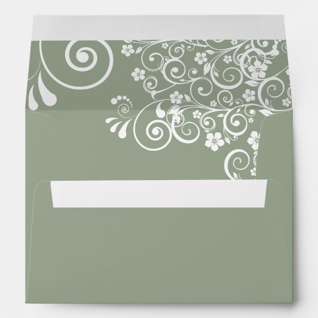 Enveloppe Dentelle florale blanche sur Sage Green Mariage él (Dos (Bas))