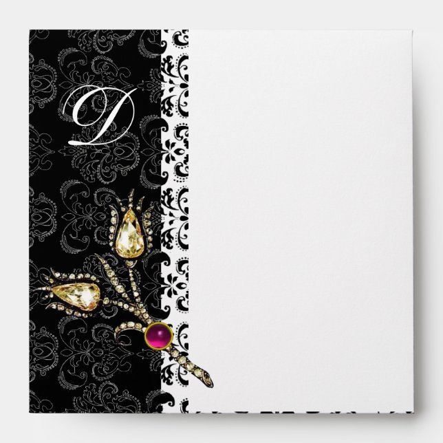 Enveloppe DIAMONNAGE TULIPS noir blanc Damas Monogramme (Devant)