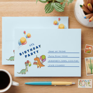 Enveloppe Dinosaur dino fête anniversaire de enfant bleu drô