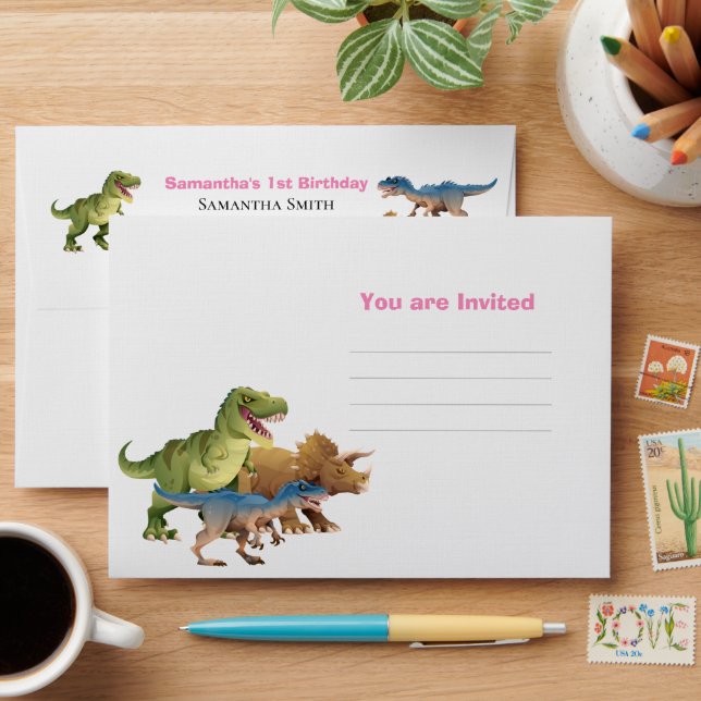 Enveloppe Dinosaures Jurassic Party Vous êtes invité rose (Desk)