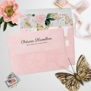 Enveloppe Douze Ans Fleur Rose Pâle Papillon Aquarelle Flora